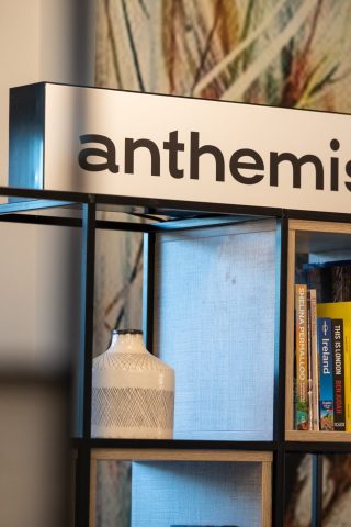 bookshelf with anthemis sign on top